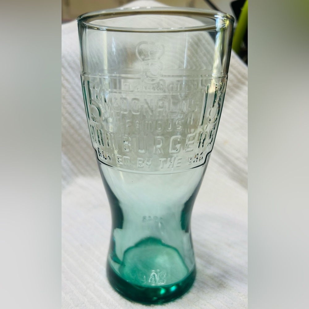Vintage McDonald’s green tint retro glass, 15 cent hamburgers, 1948. Mint!
